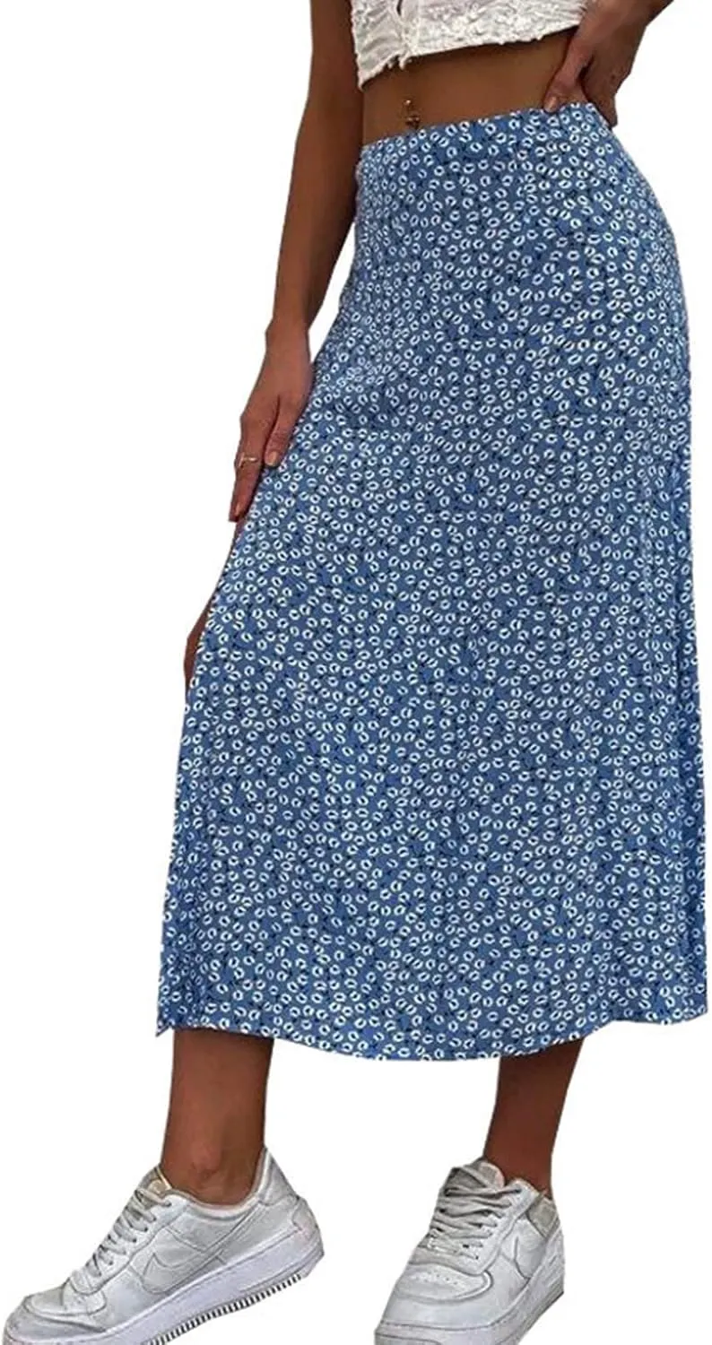 Pencil Skirt for Women Summer Trendy Boha Floral Print High Split High Elastic Waist Palazzo Long Skirts for Vacation