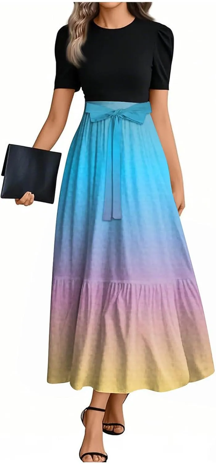 Peplum Dress for Women Spring Maxi Dresses Vacation Short Sleeve Round Neck Aline Dress Tie Belted Modest Dresses