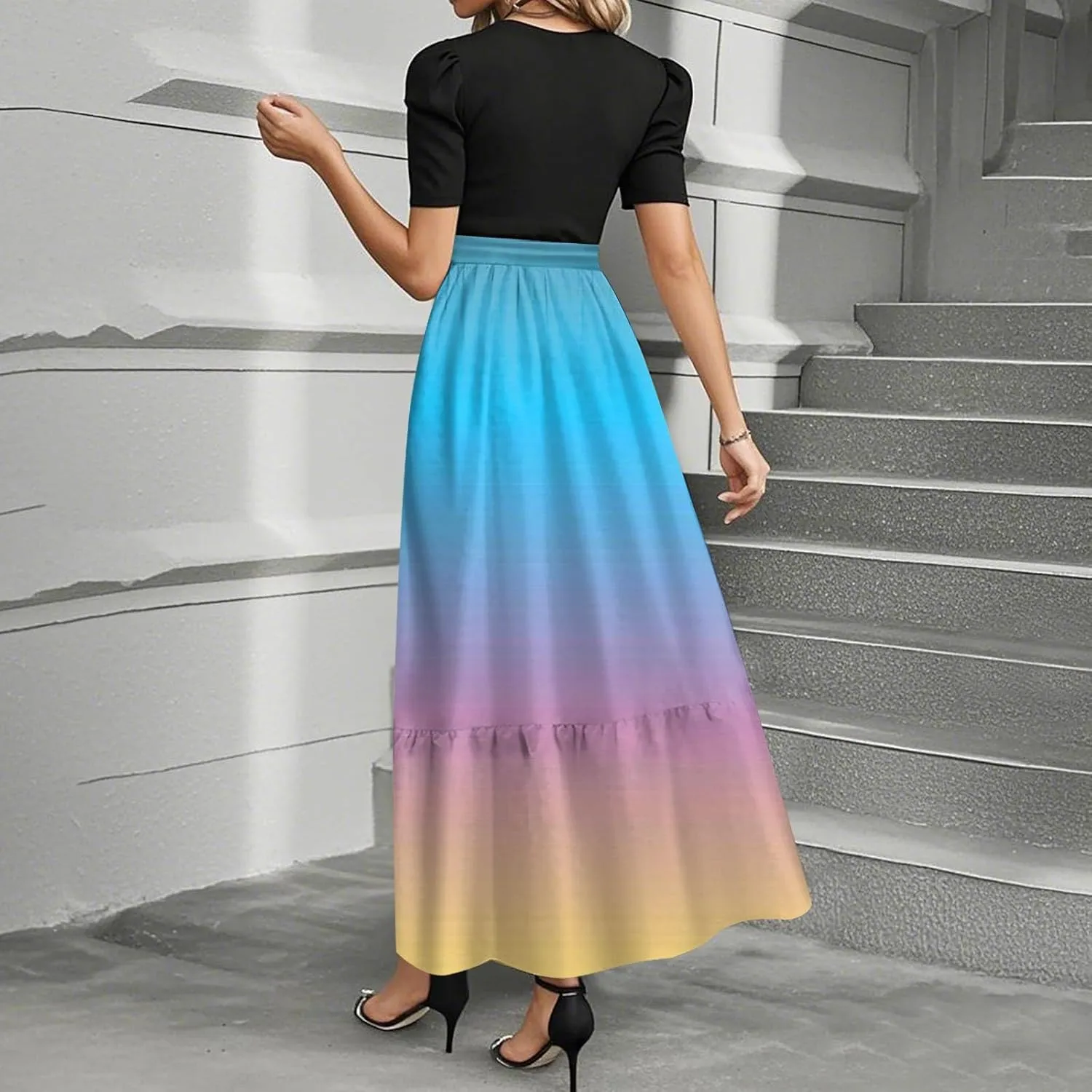Peplum Dress for Women Spring Maxi Dresses Vacation Short Sleeve Round Neck Aline Dress Tie Belted Modest Dresses