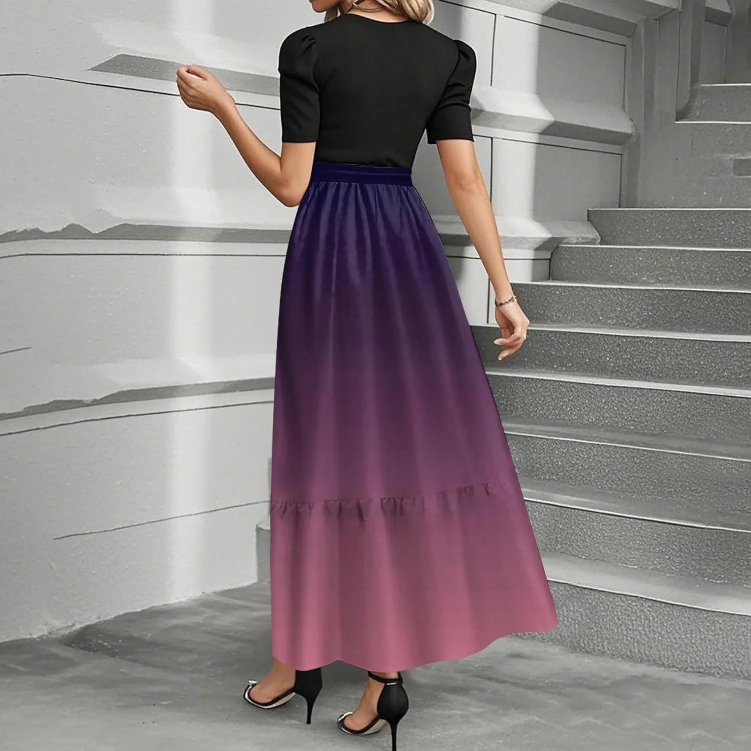 Peplum Dress for Women Spring Maxi Dresses Vacation Short Sleeve Round Neck Aline Dress Tie Belted Modest Dresses