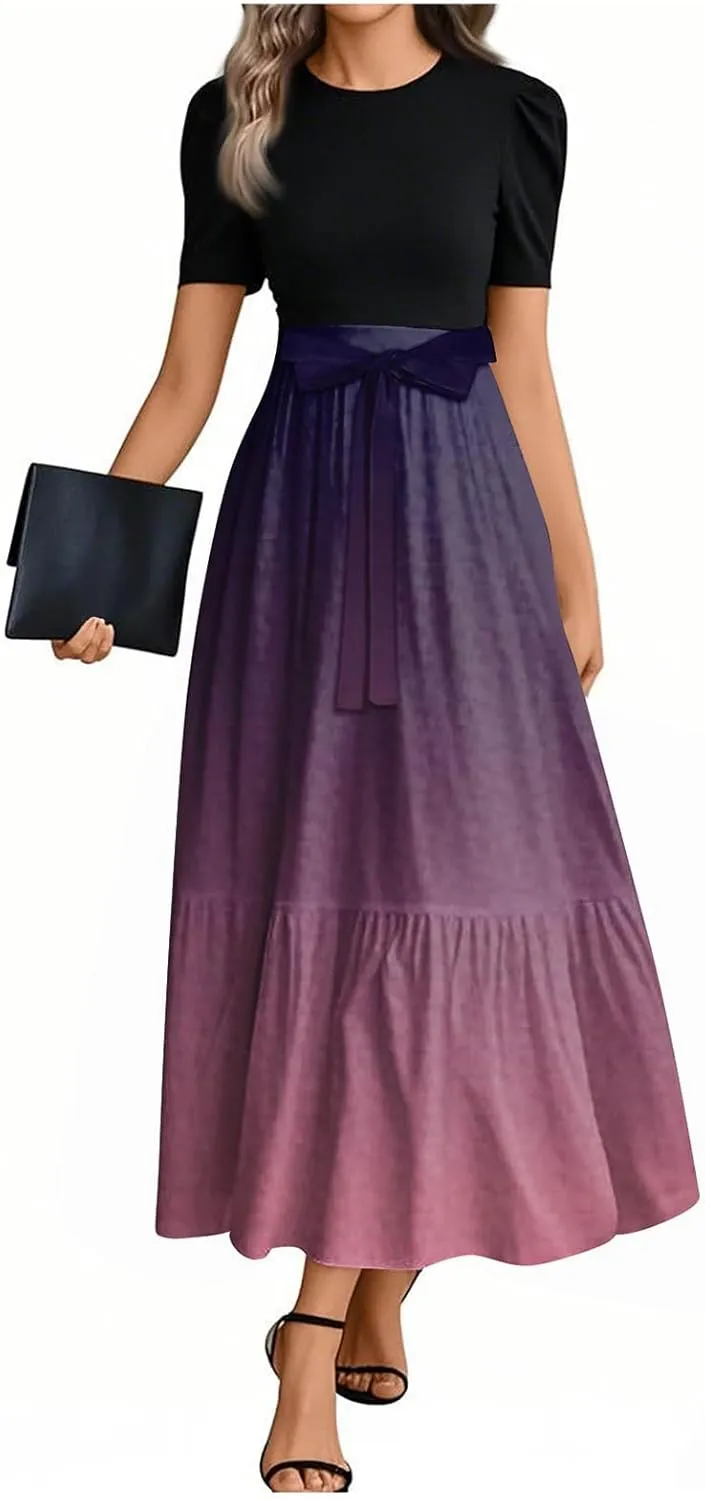 Peplum Dress for Women Spring Maxi Dresses Vacation Short Sleeve Round Neck Aline Dress Tie Belted Modest Dresses