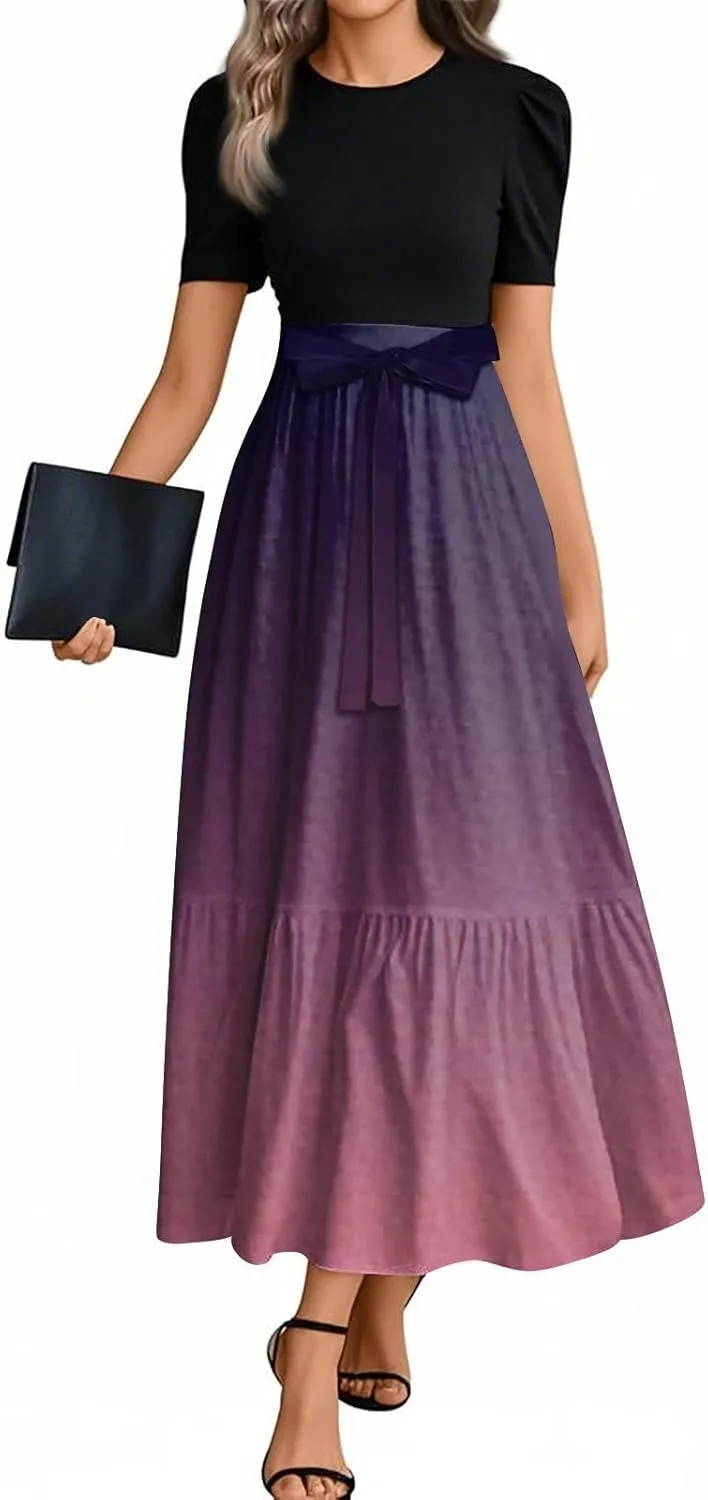 Peplum Dress for Women Spring Maxi Dresses Vacation Short Sleeve Round Neck Aline Dress Tie Belted Modest Dresses