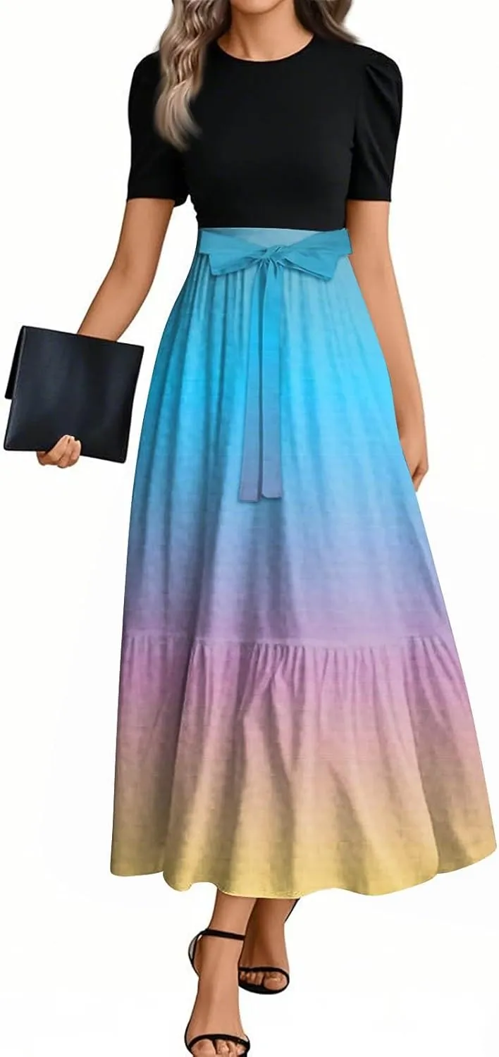 Peplum Dress for Women Spring Maxi Dresses Vacation Short Sleeve Round Neck Aline Dress Tie Belted Modest Dresses