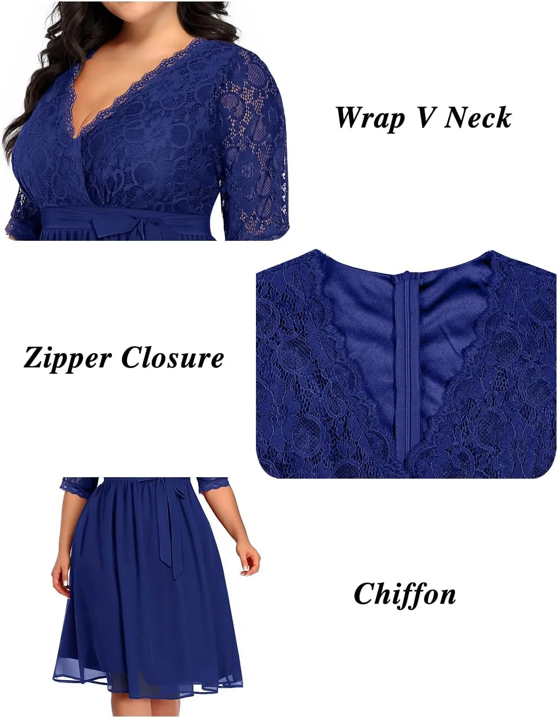 Pinup Fashion Plus Size Lace Chiffon Wrap V Neck Dresses Women Cocktail Wedding Guest Midi Dress