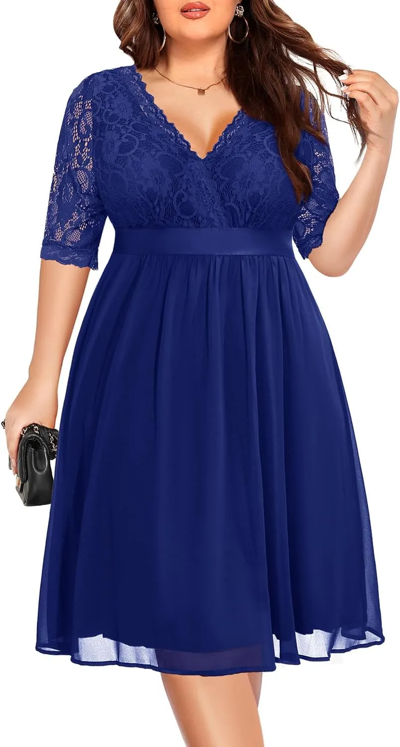 Pinup Fashion Plus Size Lace Chiffon Wrap V Neck Dresses Women Cocktail Wedding Guest Midi Dress