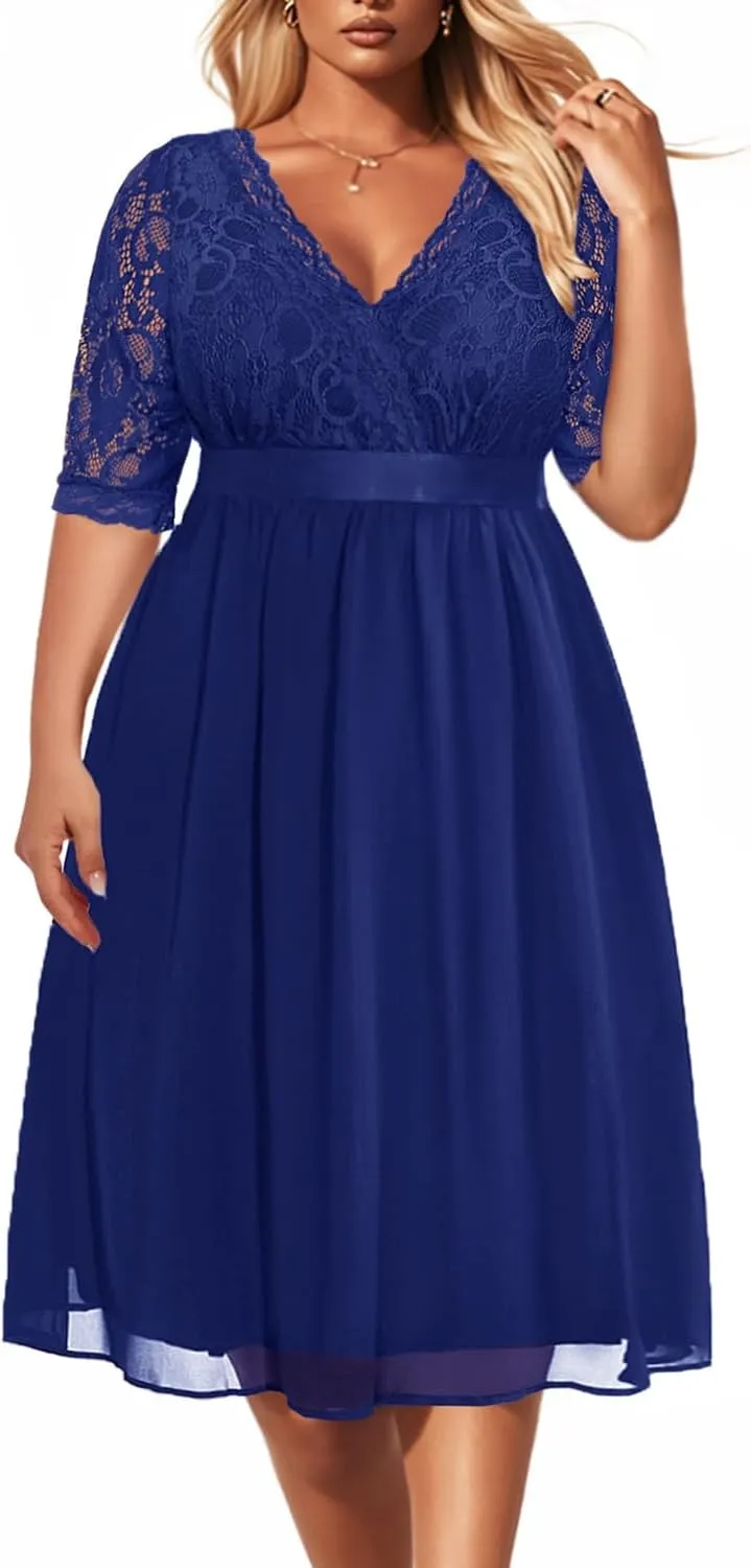 Pinup Fashion Plus Size Lace Chiffon Wrap V Neck Dresses Women Cocktail Wedding Guest Midi Dress