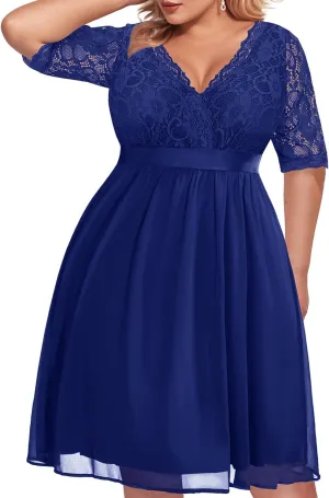 Pinup Fashion Plus Size Lace Chiffon Wrap V Neck Dresses Women Cocktail Wedding Guest Midi Dress