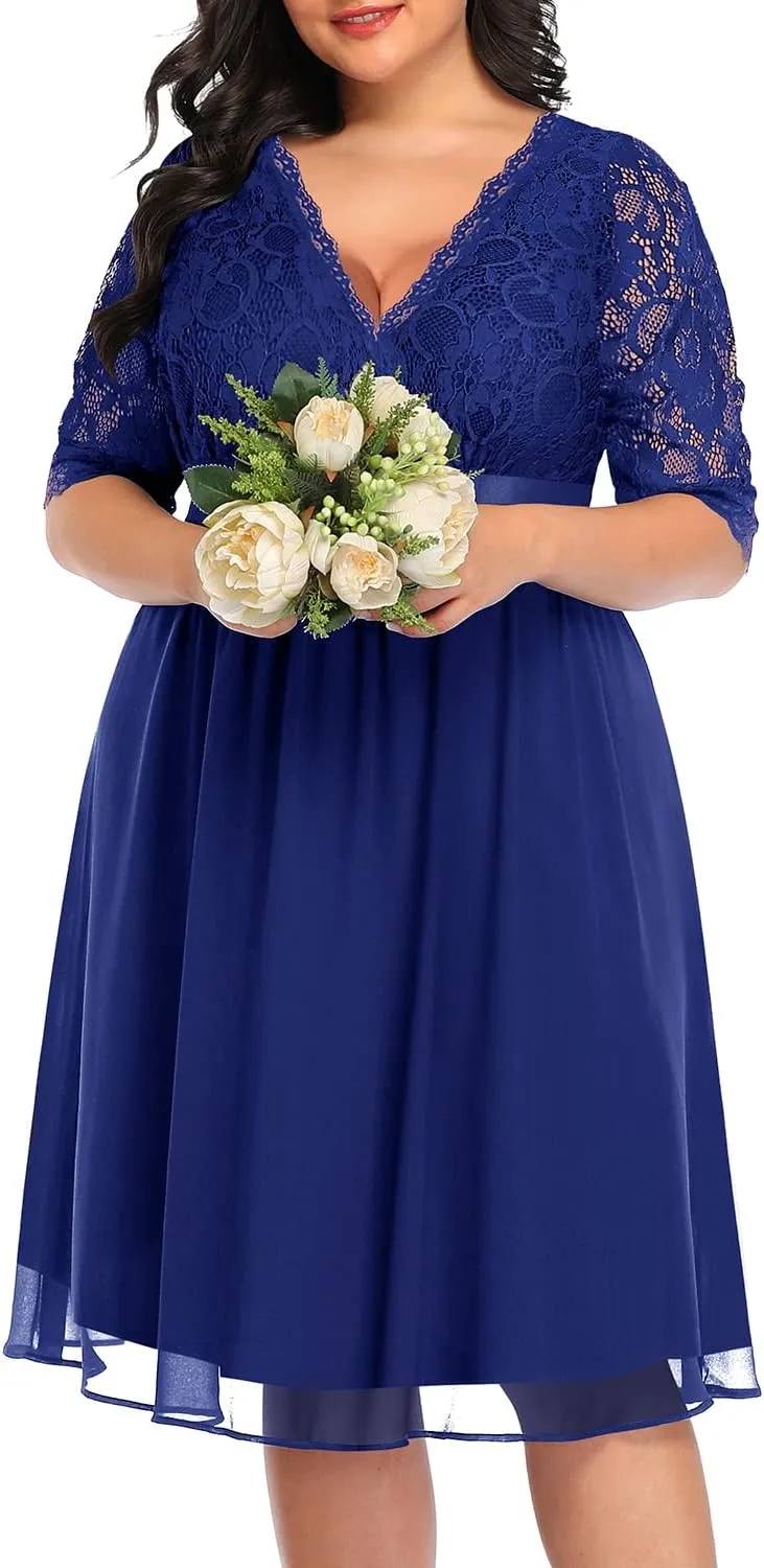Pinup Fashion Plus Size Lace Chiffon Wrap V Neck Dresses Women Cocktail Wedding Guest Midi Dress