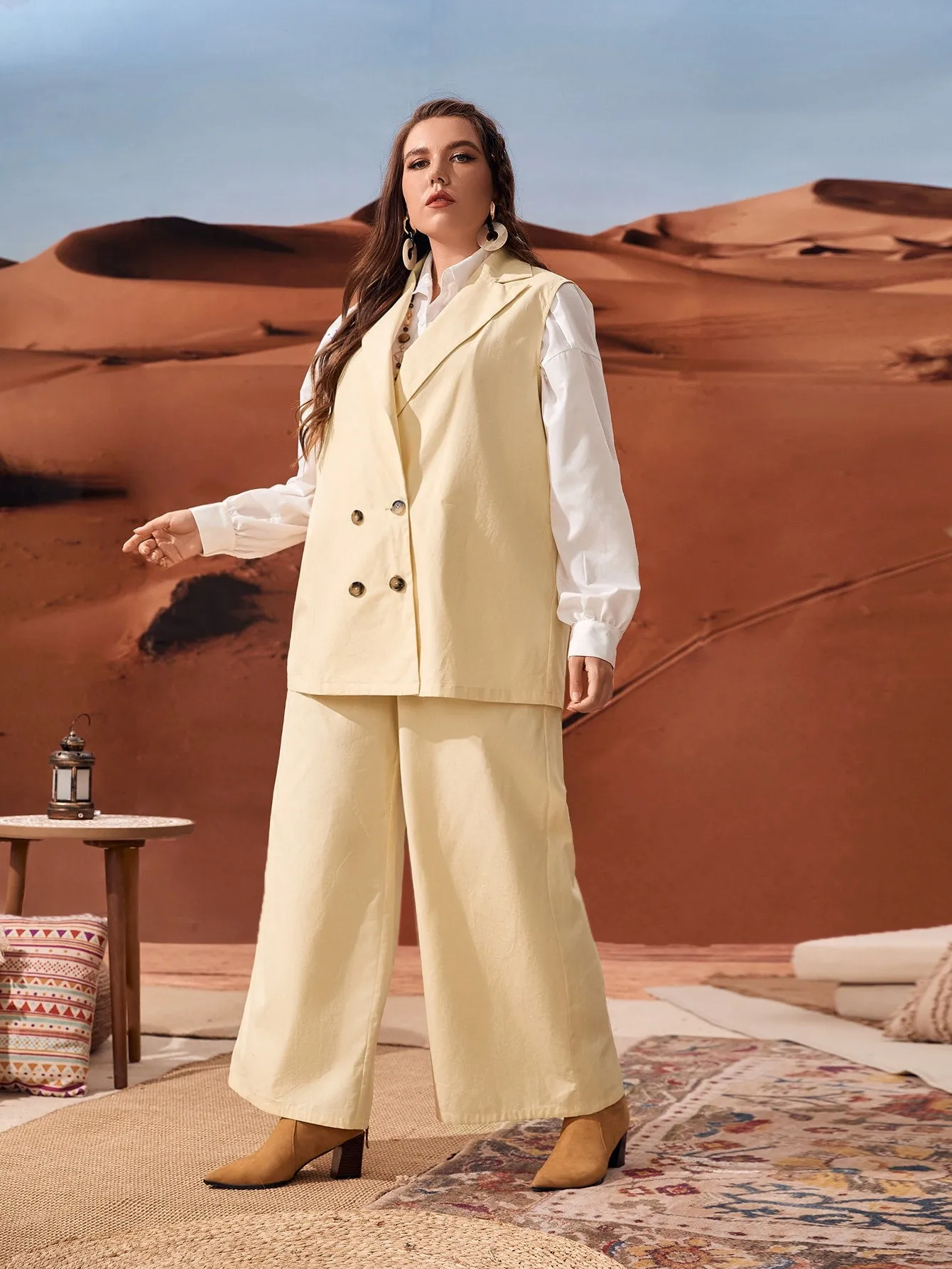 Plain Double Button Sleeveless Lapel Plus Size Suit Set