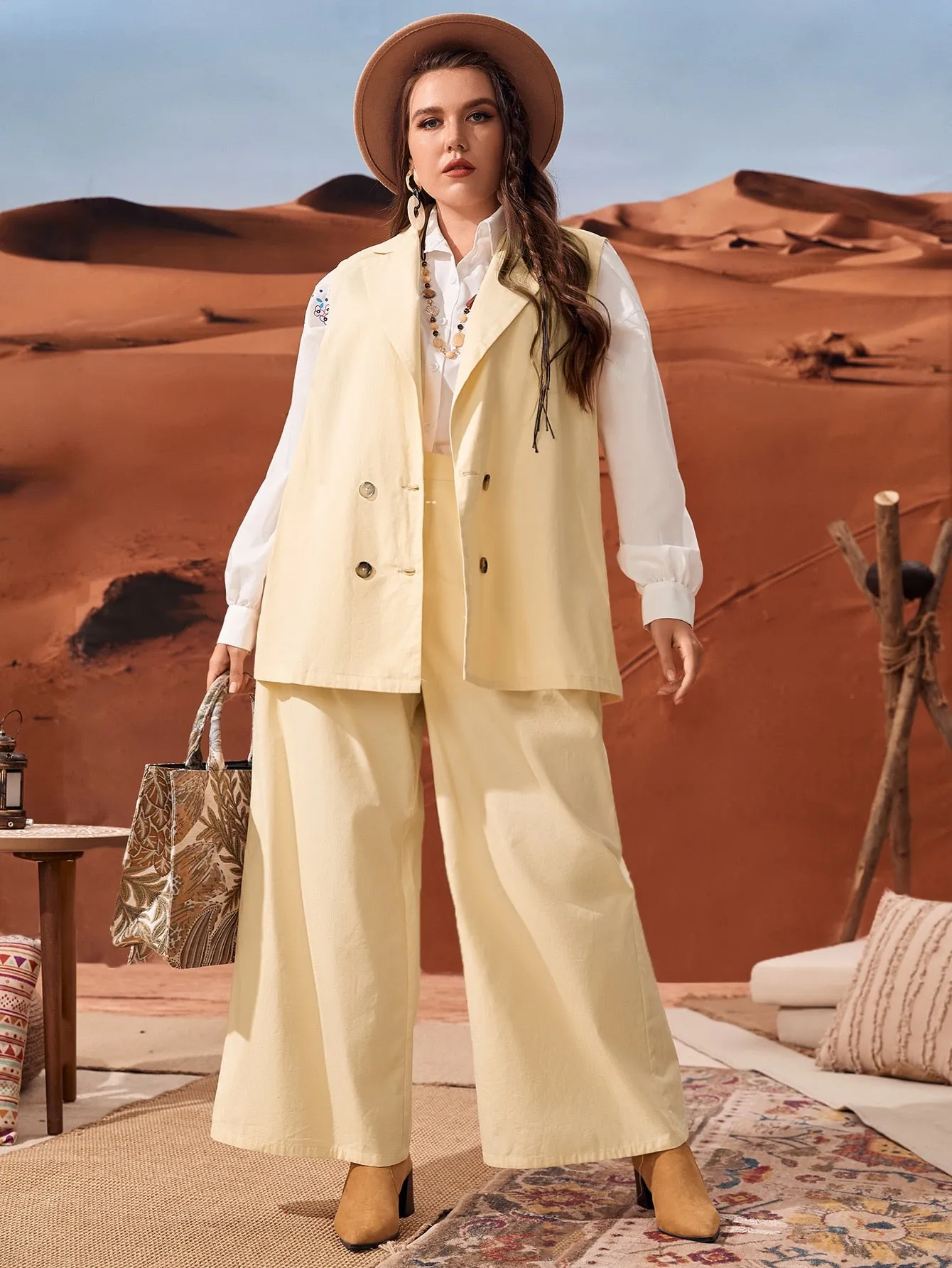 Plain Double Button Sleeveless Lapel Plus Size Suit Set