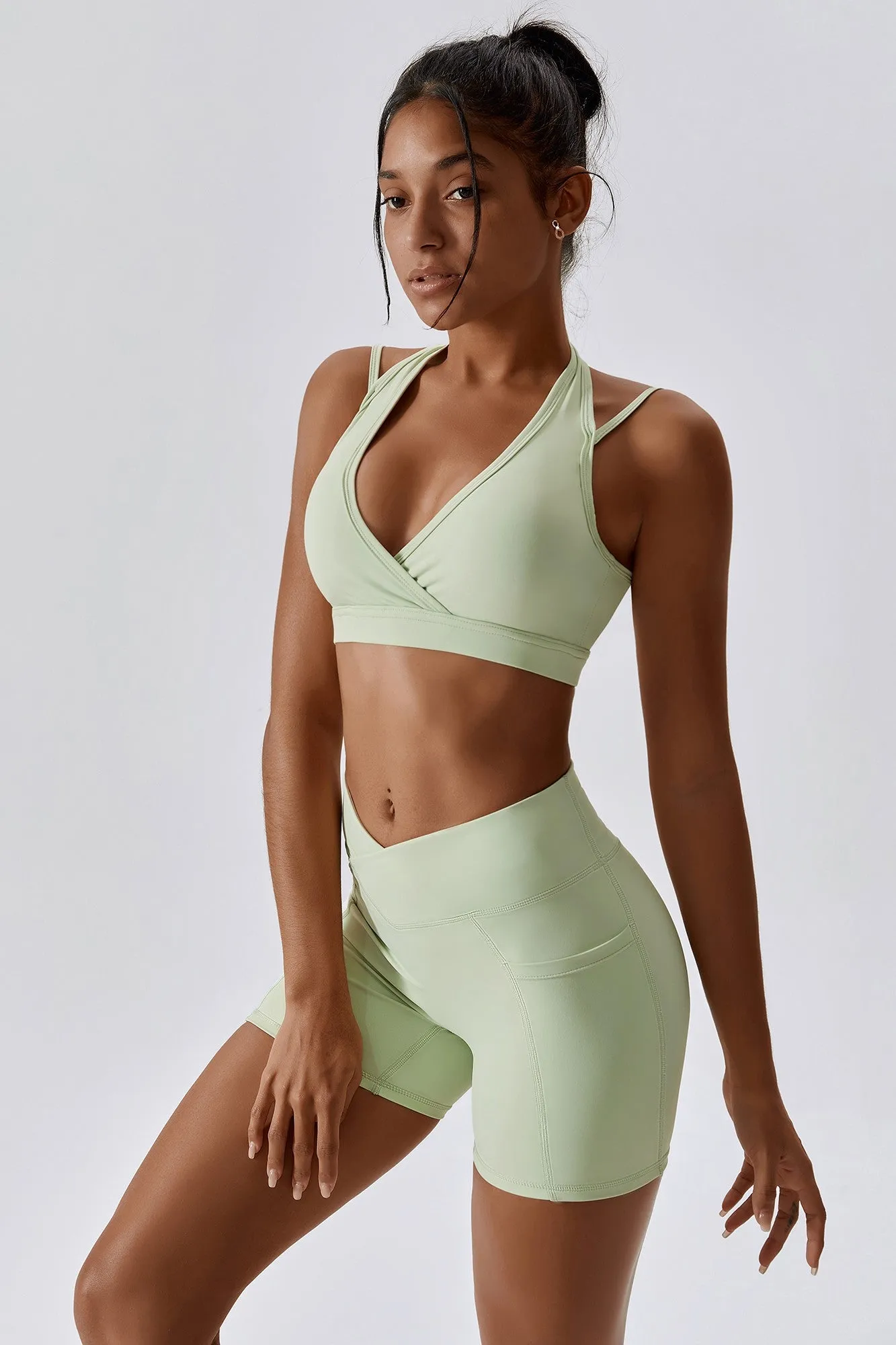 Plunge Neck Wrap Over Sports Bra