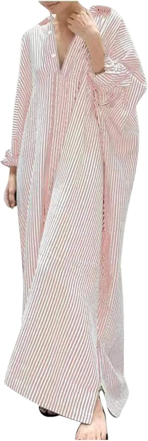 Plus Size Maxi Dress for Women Casual V Neck Button Down Shirt Dresses Summer Loose Striped Long Blouse Dresses 2025