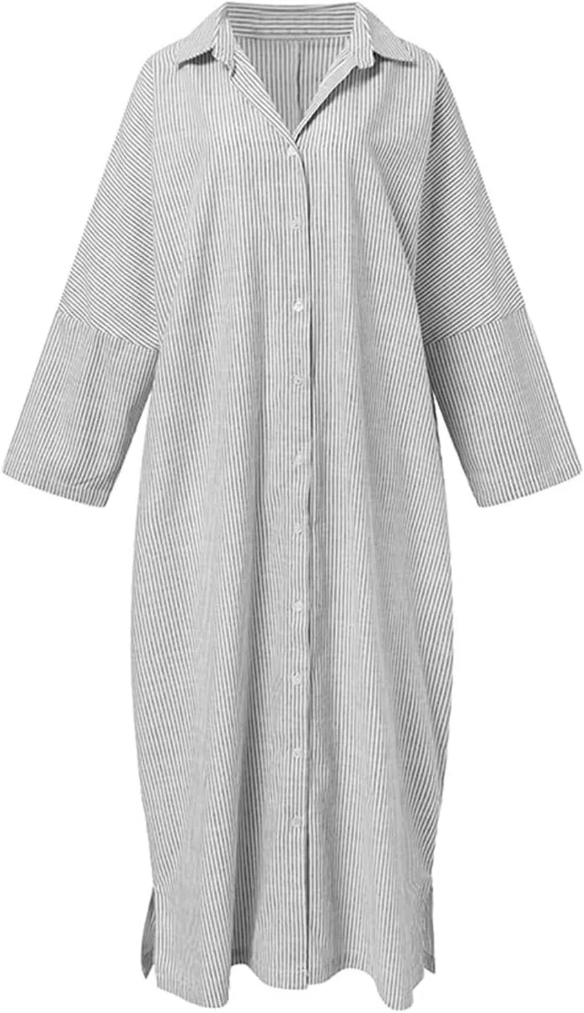 Plus Size Maxi Dress for Women Casual V Neck Button Down Shirt Dresses Summer Loose Striped Long Blouse Dresses 2025