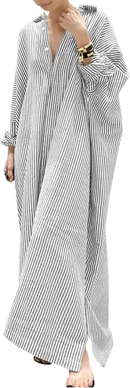 Plus Size Maxi Dress for Women Casual V Neck Button Down Shirt Dresses Summer Loose Striped Long Blouse Dresses 2025