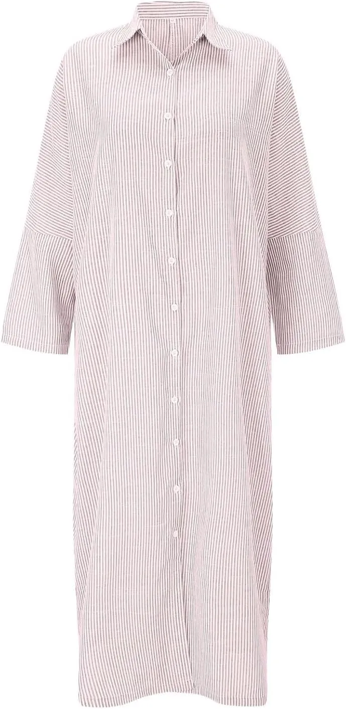 Plus Size Maxi Dress for Women Casual V Neck Button Down Shirt Dresses Summer Loose Striped Long Blouse Dresses 2025