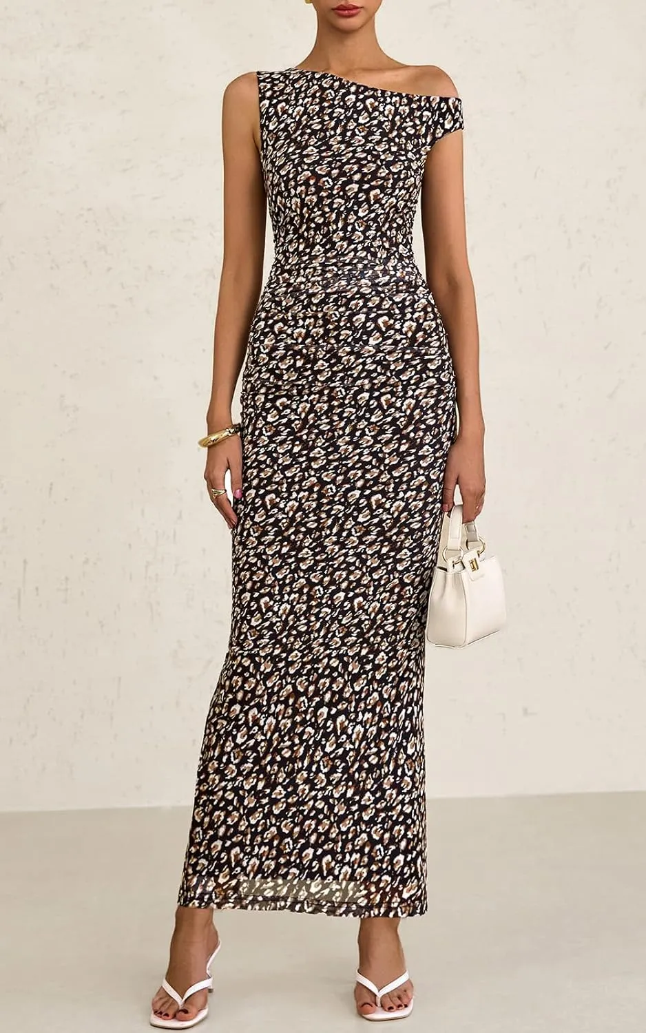 PRETTYGARDEN Women's 2025 Summer Floral One Shoulder Maxi Dress Wedding Guest Ruched Mesh Bodycon Long Cocktail Dresses