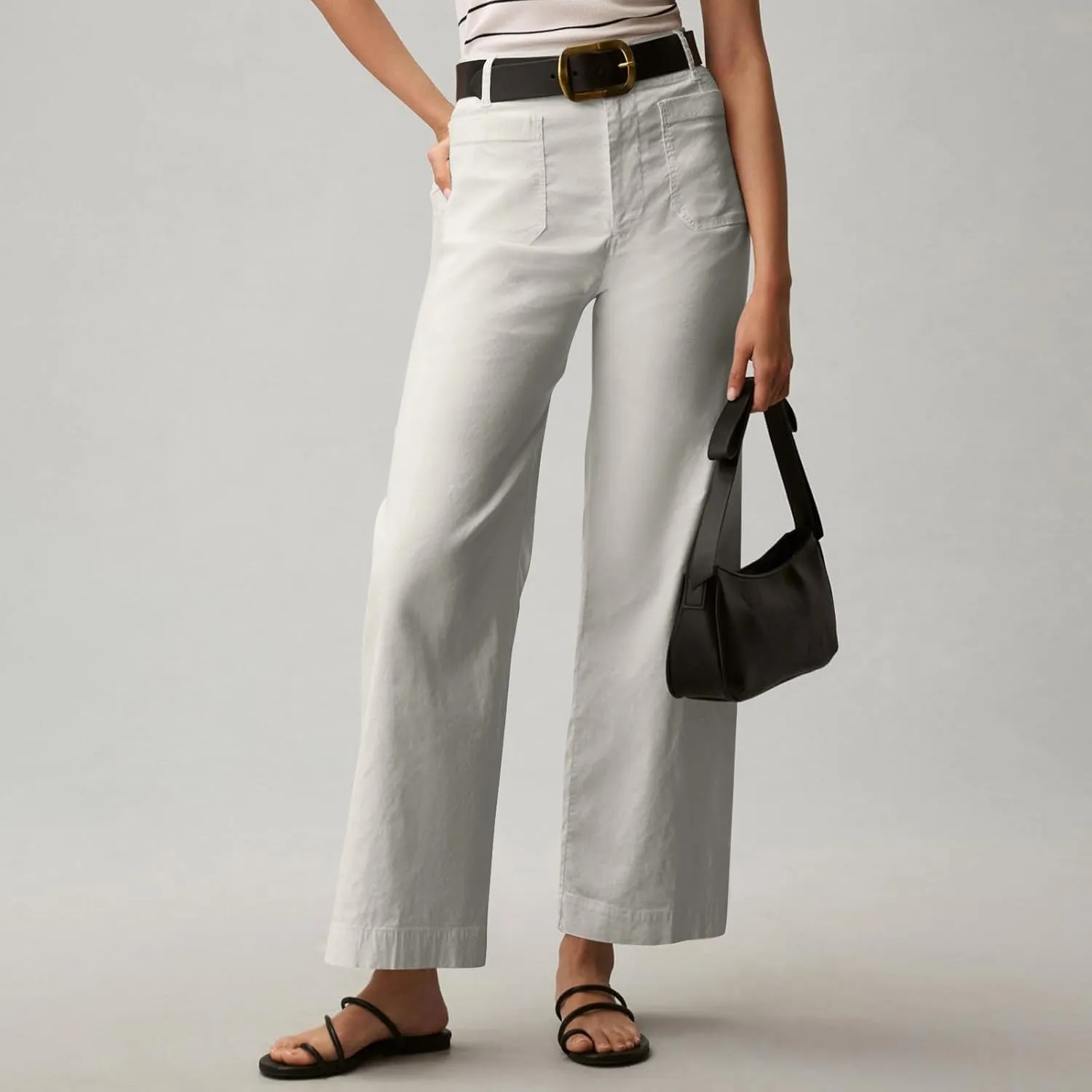 Pull-On Chino Pants Women Casual Business Cropped Work Pants High Waisted Casual Straight Leg Ankle Pants w/Pockets