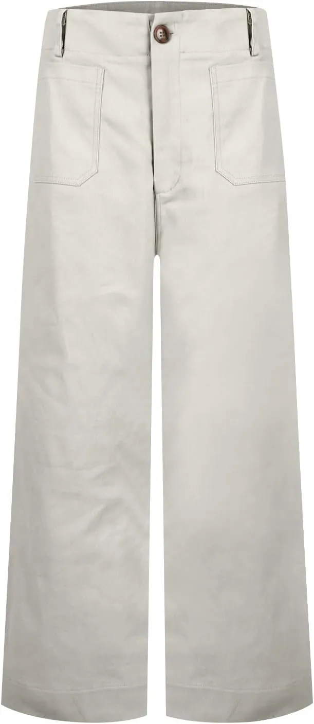 Pull-On Chino Pants Women Casual Business Cropped Work Pants High Waisted Casual Straight Leg Ankle Pants w/Pockets