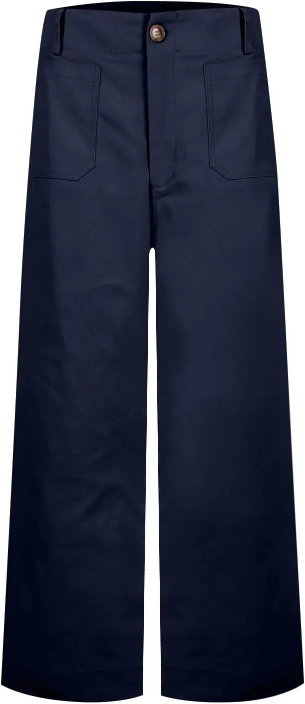 Pull-On Chino Pants Women Casual Business Cropped Work Pants High Waisted Casual Straight Leg Ankle Pants w/Pockets