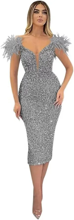 Rjer Off Shoulder Sequin Prom Dresses Feather Formal Evening Gowns Cocktail Wedding Party Dress