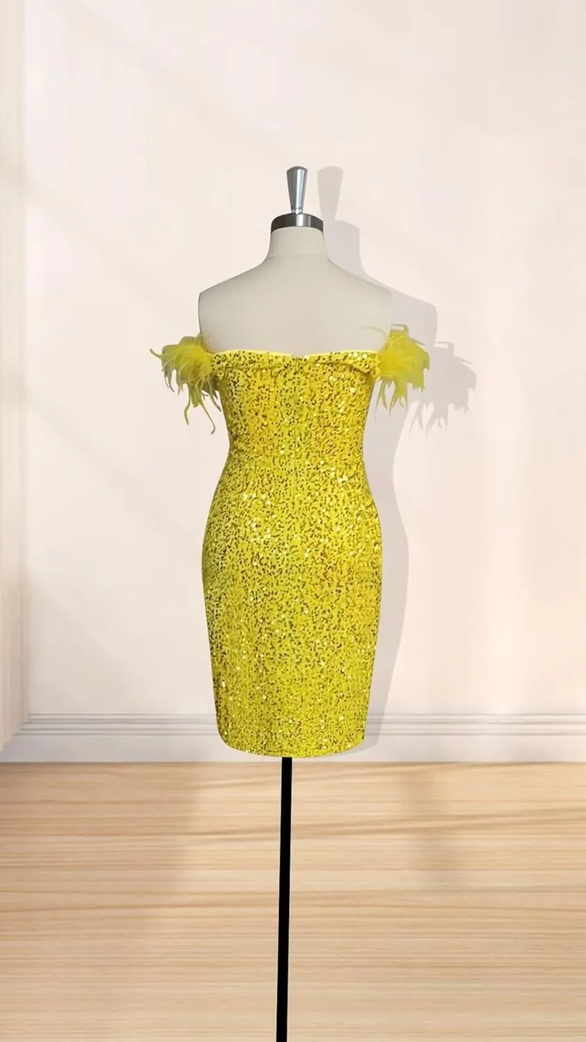 Rjer Off Shoulder Sequin Prom Dresses Feather Formal Evening Gowns Cocktail Wedding Party Dress