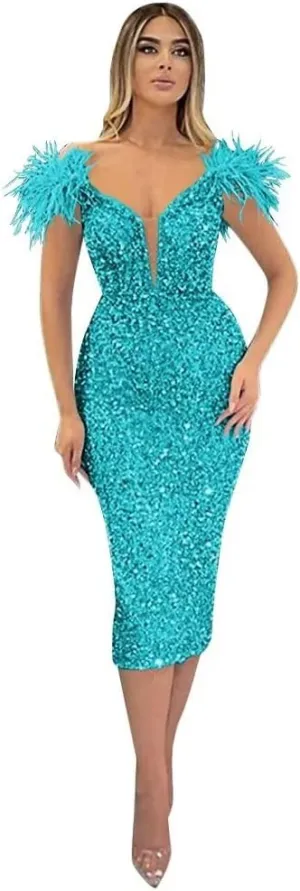 Rjer Off Shoulder Sequin Prom Dresses Feather Formal Evening Gowns Cocktail Wedding Party Dress