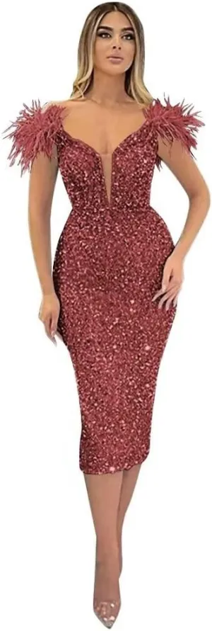 Rjer Off Shoulder Sequin Prom Dresses Feather Formal Evening Gowns Cocktail Wedding Party Dress