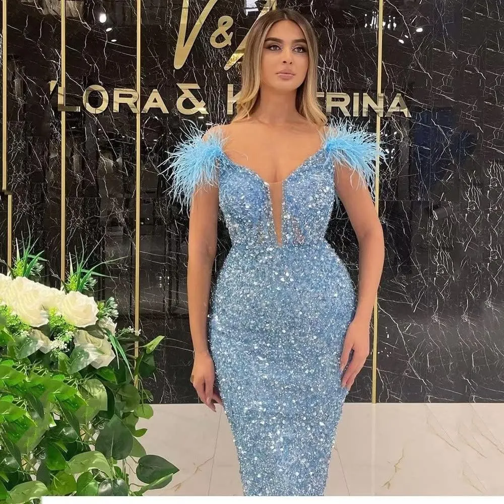 Rjer Off Shoulder Sequin Prom Dresses Feather Formal Evening Gowns Cocktail Wedding Party Dress