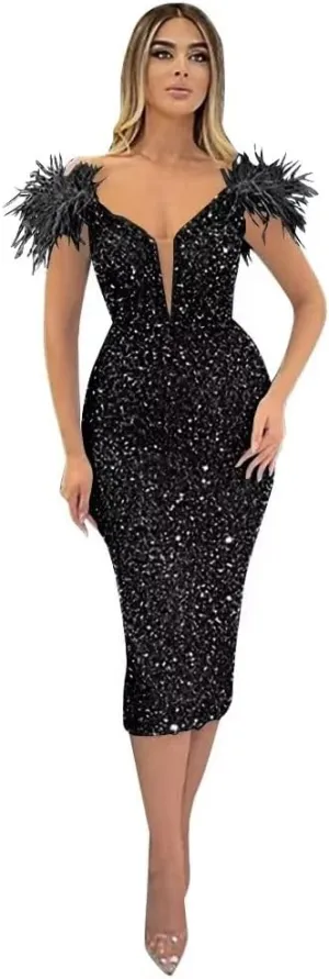 Rjer Off Shoulder Sequin Prom Dresses Feather Formal Evening Gowns Cocktail Wedding Party Dress