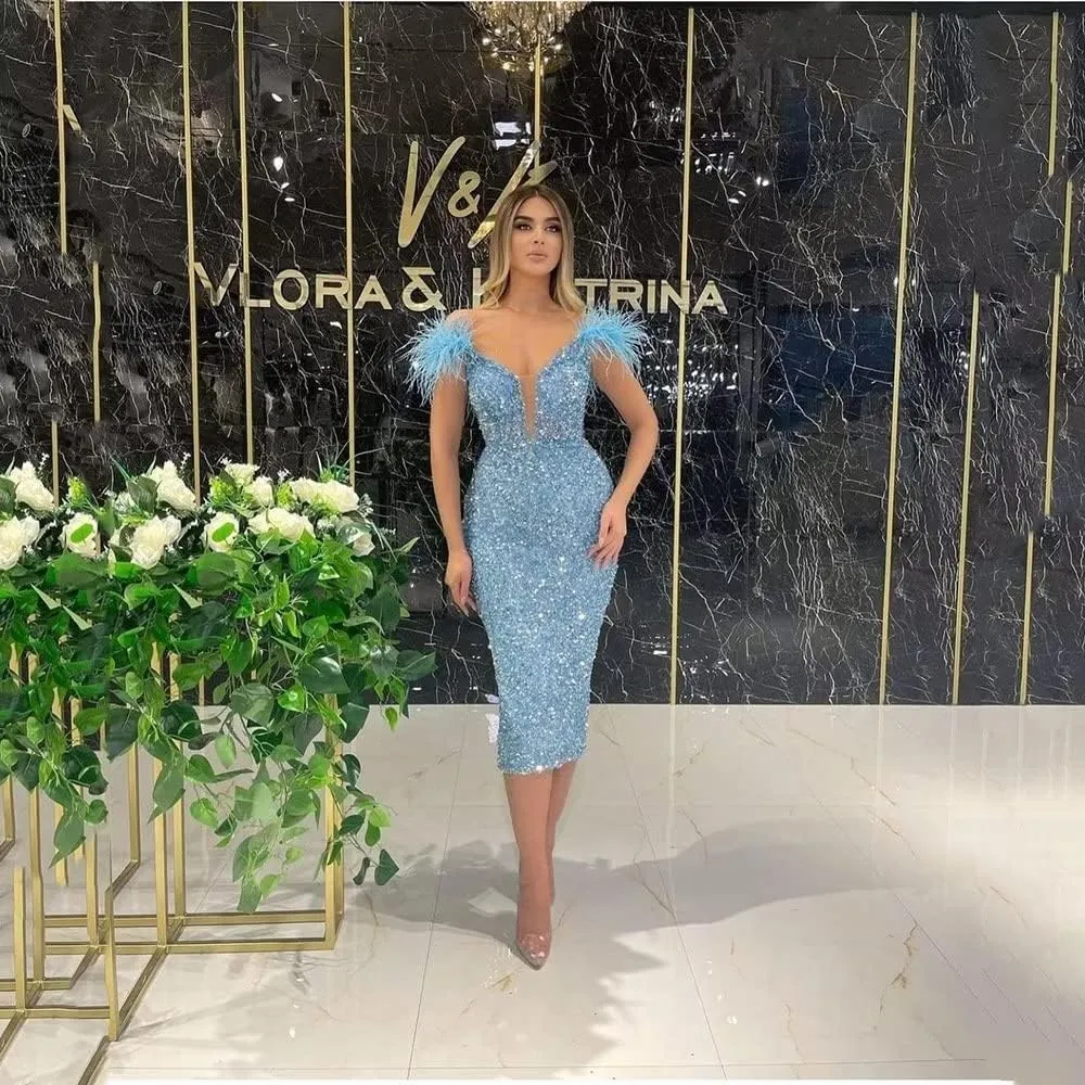 Rjer Off Shoulder Sequin Prom Dresses Feather Formal Evening Gowns Cocktail Wedding Party Dress