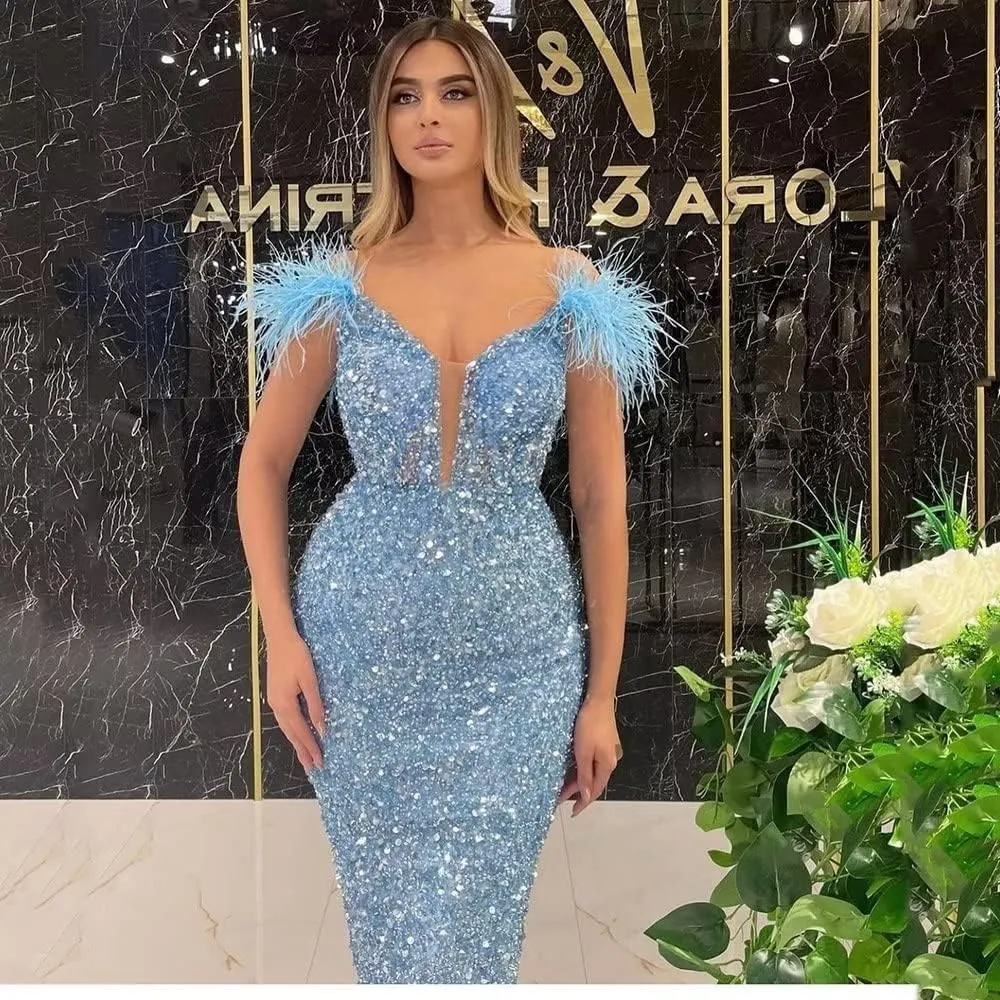 Rjer Off Shoulder Sequin Prom Dresses Feather Formal Evening Gowns Cocktail Wedding Party Dress