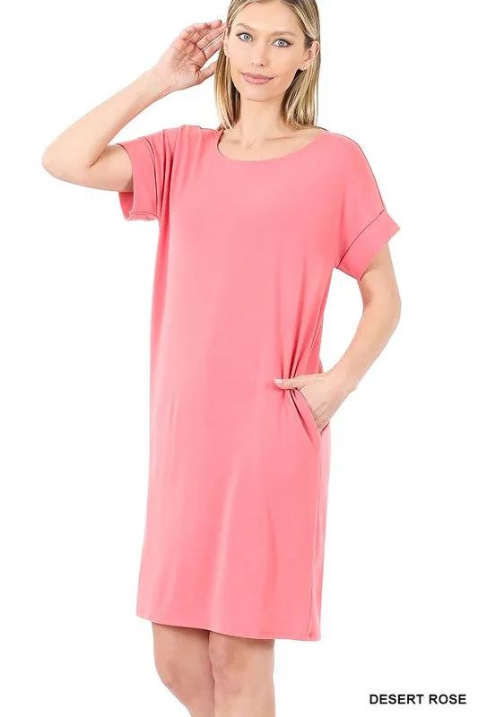 ROLLED SHORT SLEEVE ROUND NECK DRESS
