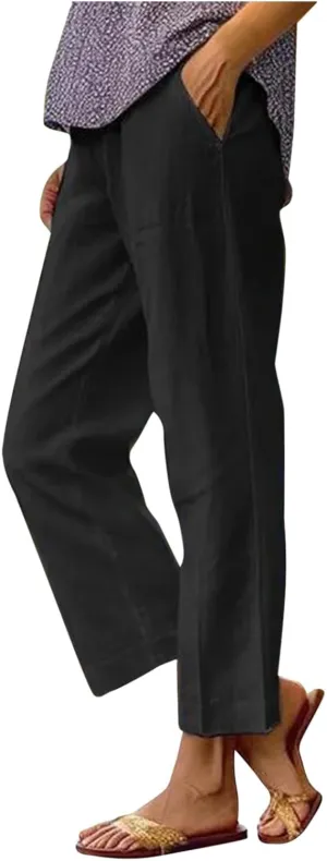 Rvidbe Summer Pants for Women 2024, Women's Linen Pants Women Summer Elastic Waist Straight Leg Pants Casual Beach Trousers