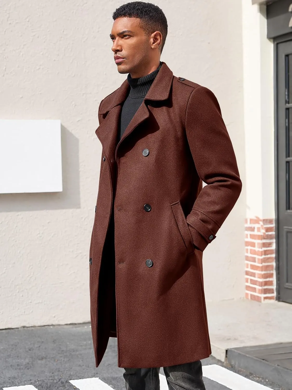 Ryannology Men's Notched Collar Trench Coat Double Breasted Long Winter Pea Coats Windbreaker Business Wool Blend Jacket