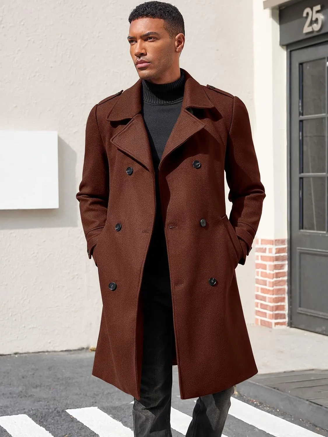 Ryannology Men's Notched Collar Trench Coat Double Breasted Long Winter Pea Coats Windbreaker Business Wool Blend Jacket
