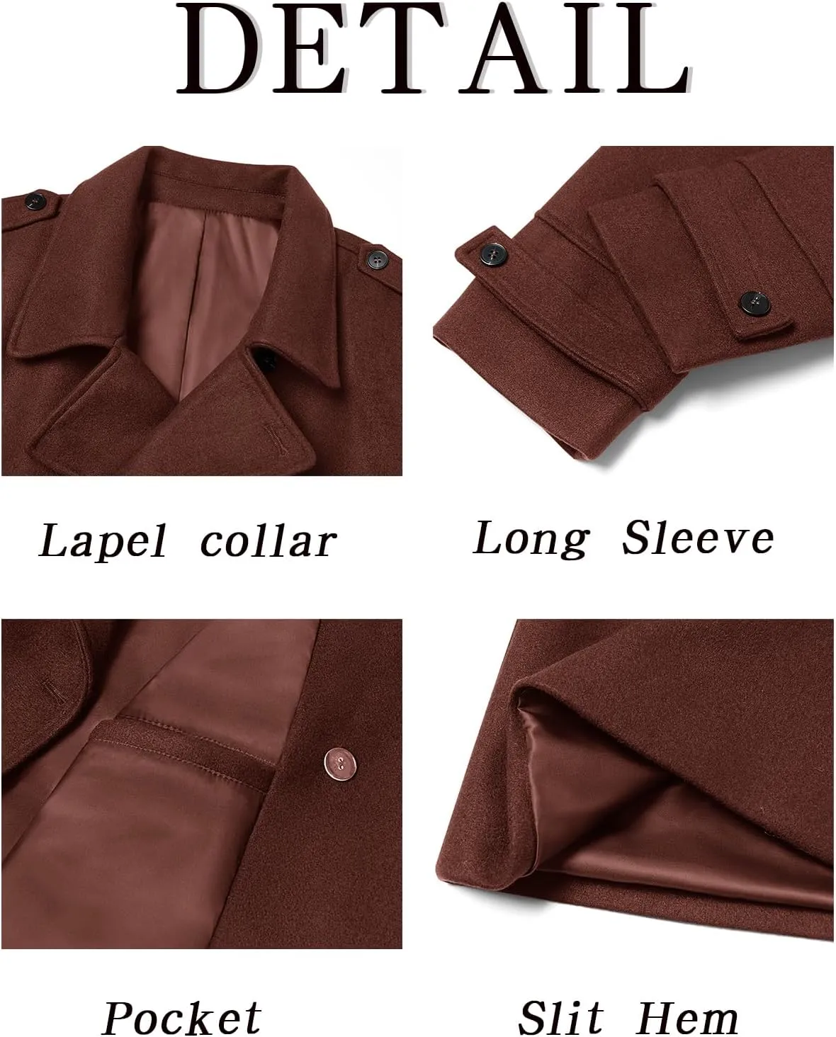 Ryannology Men's Notched Collar Trench Coat Double Breasted Long Winter Pea Coats Windbreaker Business Wool Blend Jacket