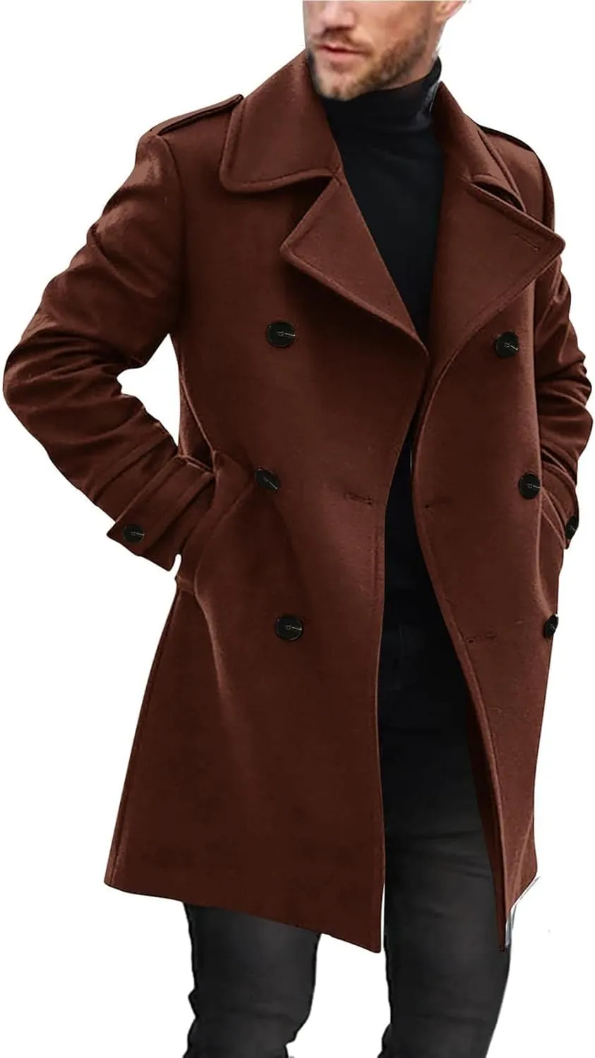 Ryannology Men's Notched Collar Trench Coat Double Breasted Long Winter Pea Coats Windbreaker Business Wool Blend Jacket
