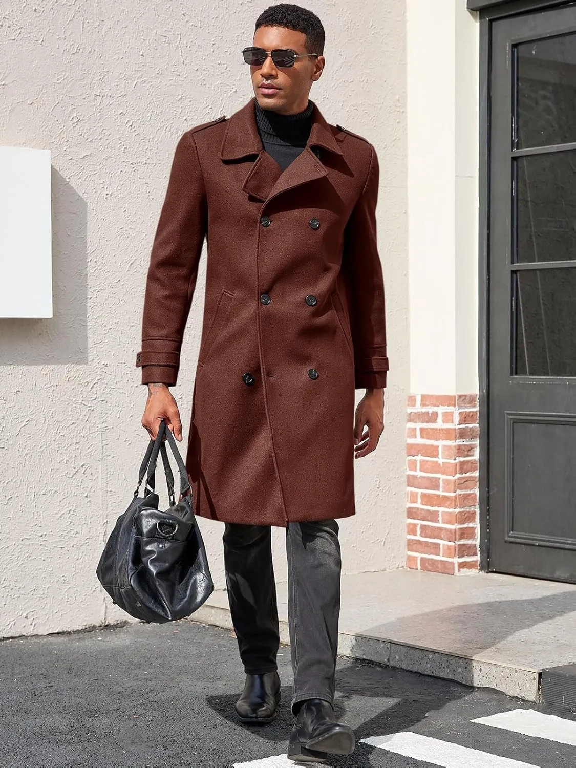 Ryannology Men's Notched Collar Trench Coat Double Breasted Long Winter Pea Coats Windbreaker Business Wool Blend Jacket