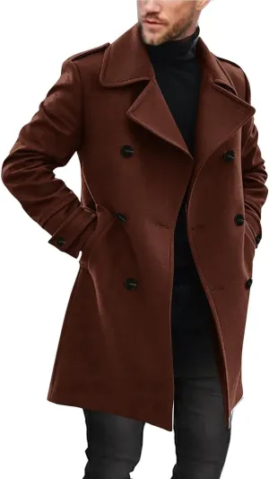 Ryannology Men's Notched Collar Trench Coat Double Breasted Long Winter Pea Coats Windbreaker Business Wool Blend Jacket