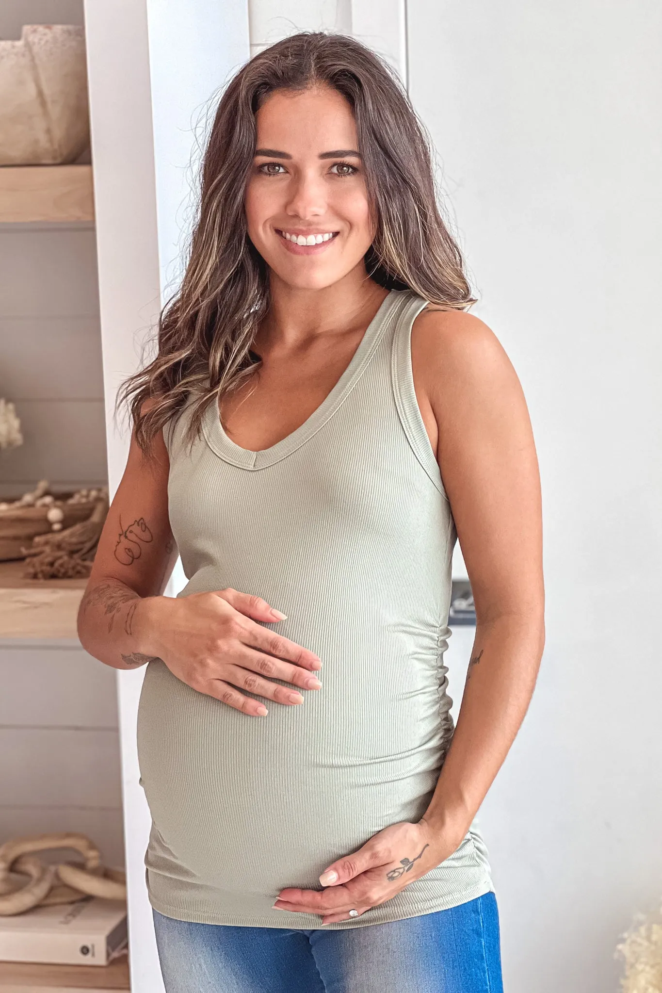 Sage Maternity Tank Top With Side Ruching