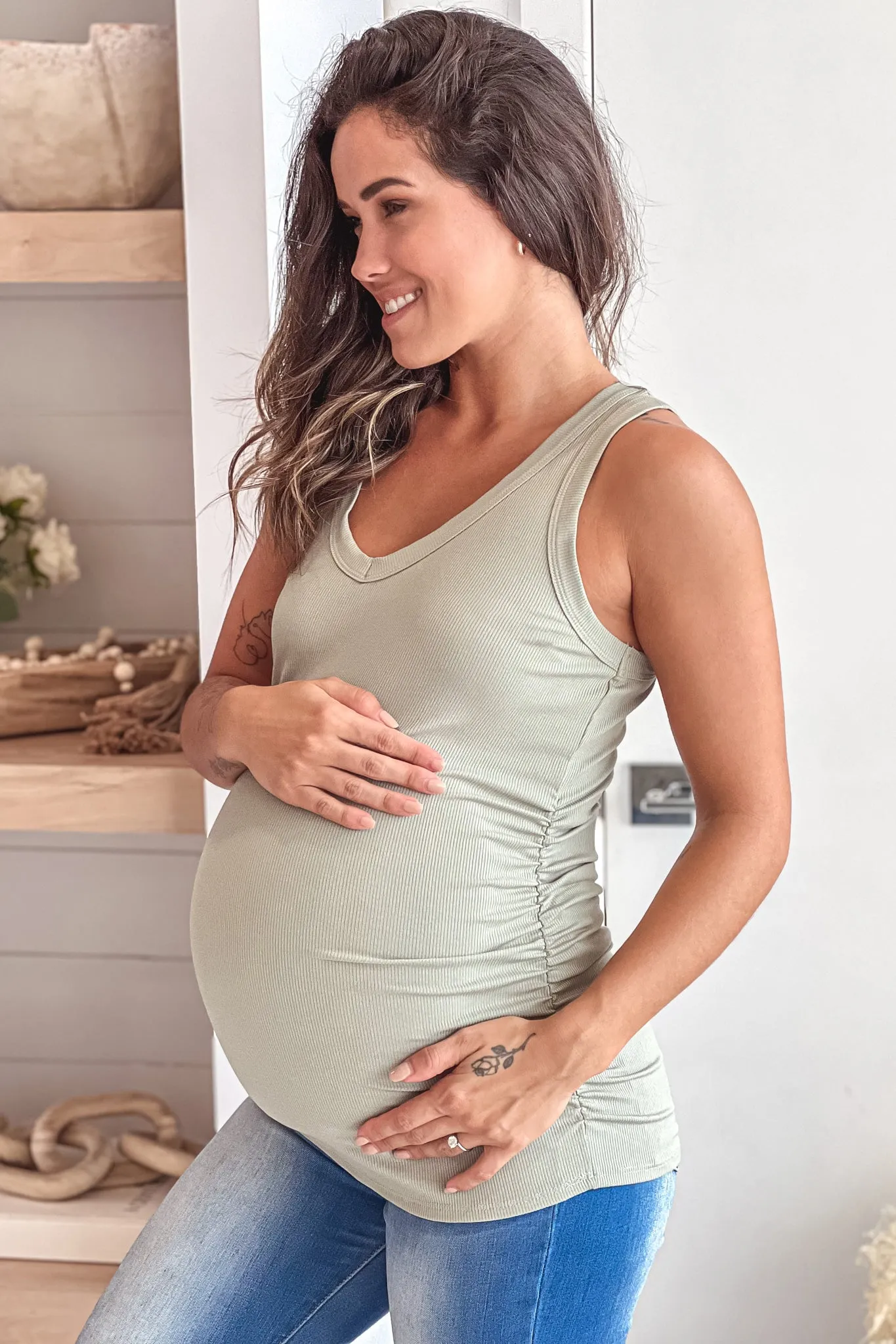 Sage Maternity Tank Top With Side Ruching