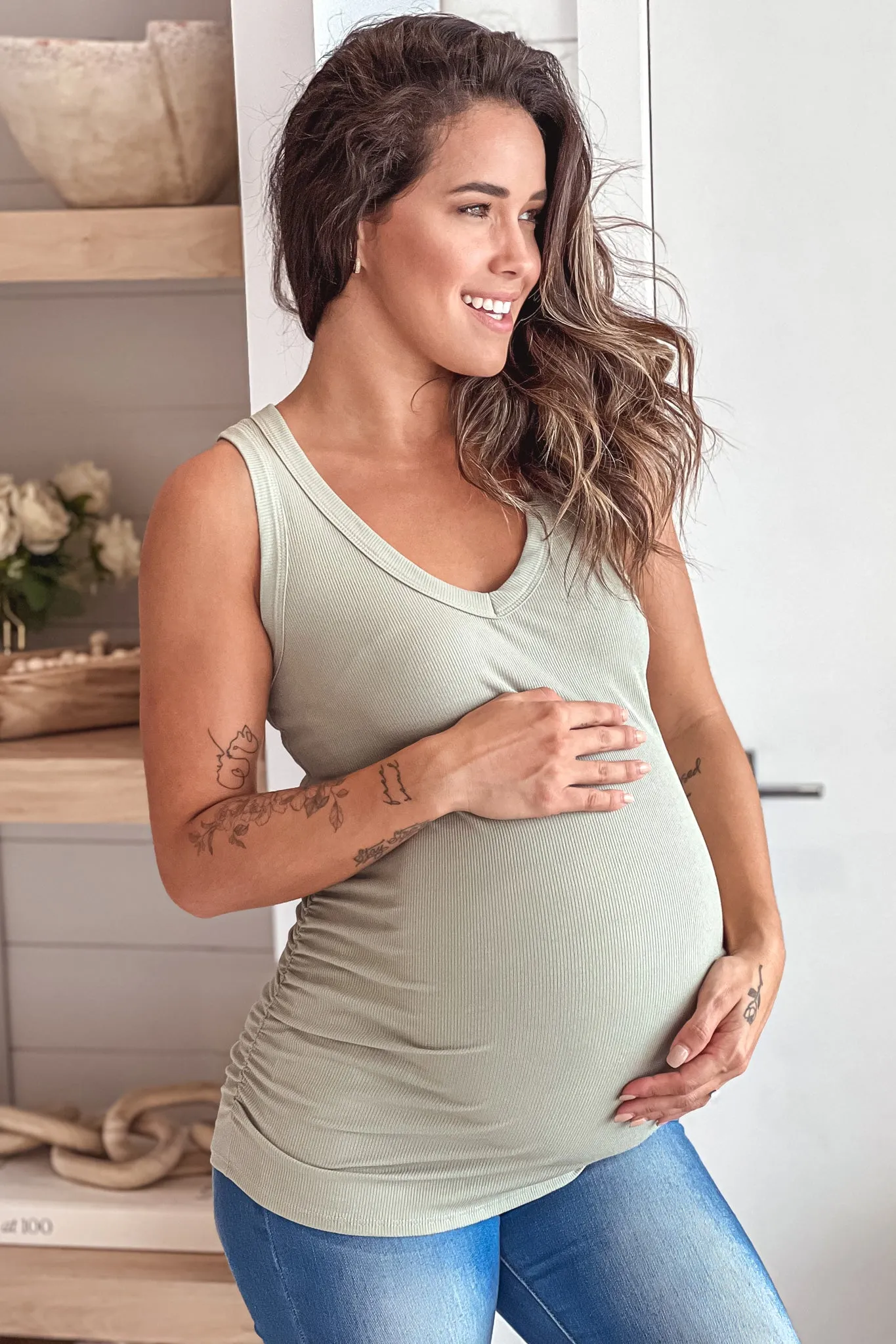 Sage Maternity Tank Top With Side Ruching