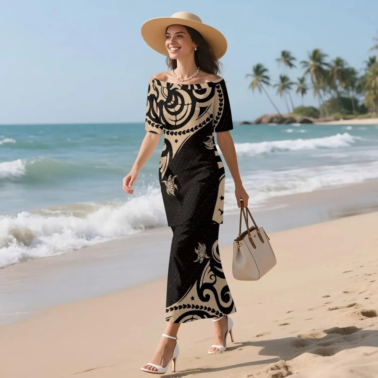 Samoan Tribal Dress for Women Off Shoulder Dresses Skirt Top Set