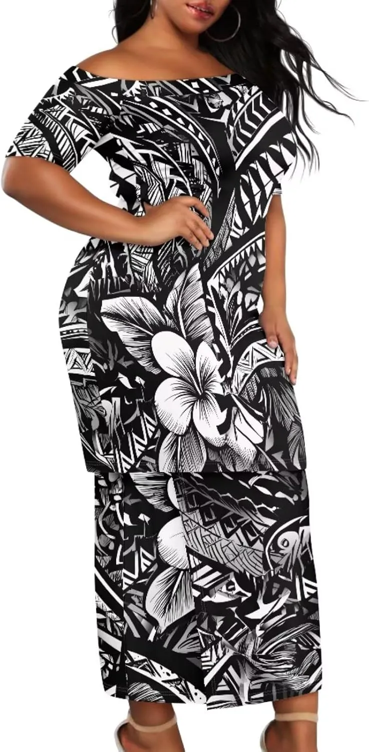 Samoan Tribal Dress for Women Off Shoulder Dresses Skirt Top Set