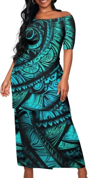 Samoan Tribal Dress for Women Off Shoulder Dresses Skirt Top Set