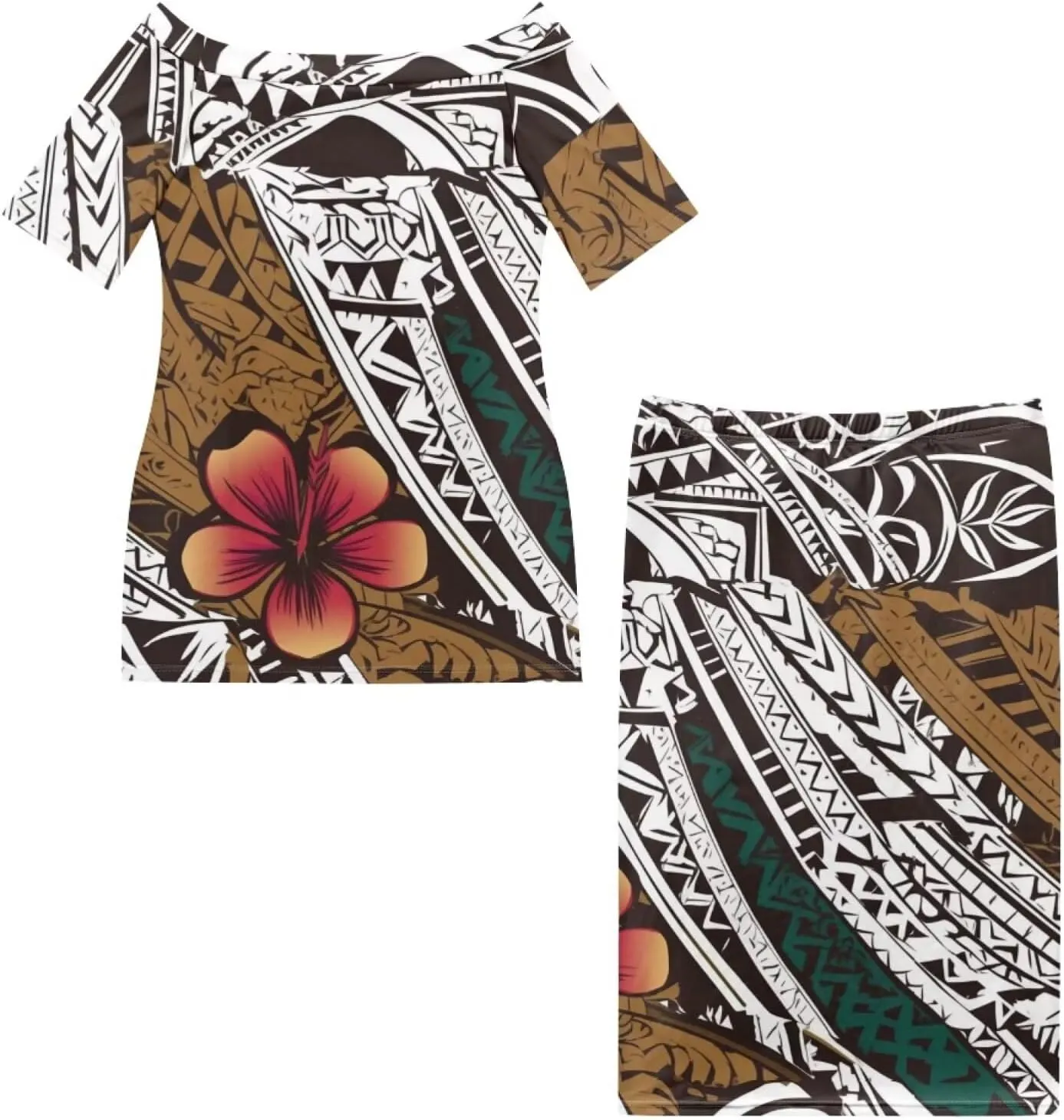 Samoan Tribal Dress for Women Off Shoulder Dresses Skirt Top Set