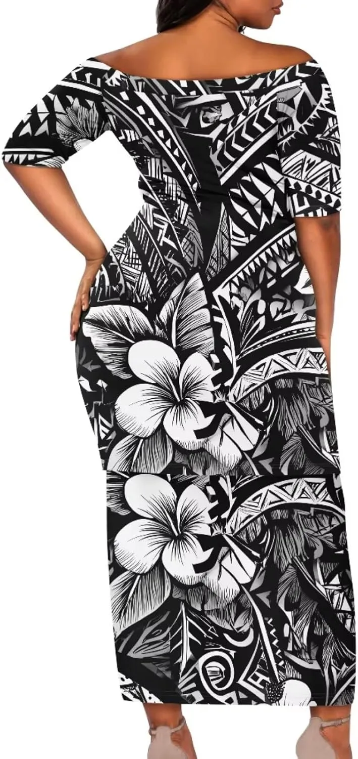 Samoan Tribal Dress for Women Off Shoulder Dresses Skirt Top Set