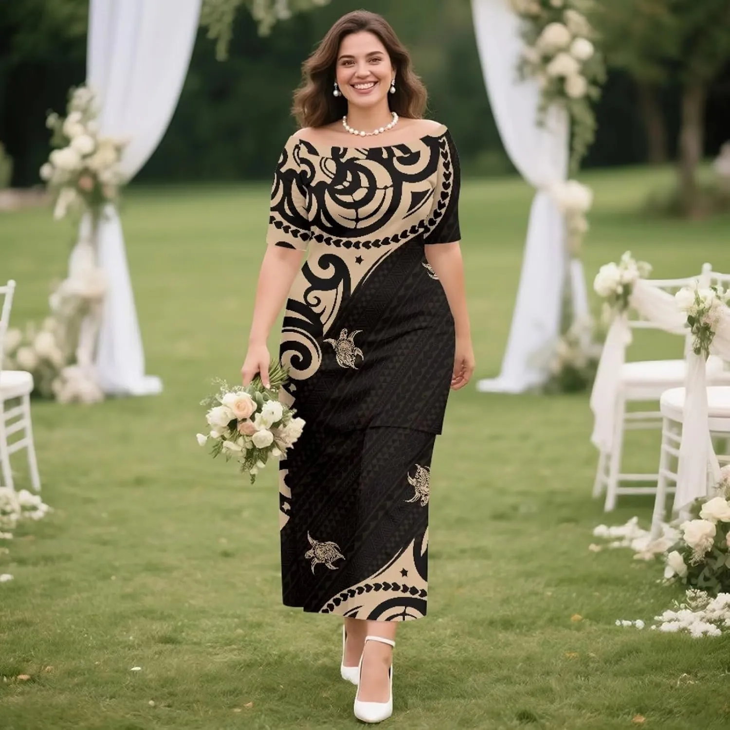 Samoan Tribal Dress for Women Off Shoulder Dresses Skirt Top Set