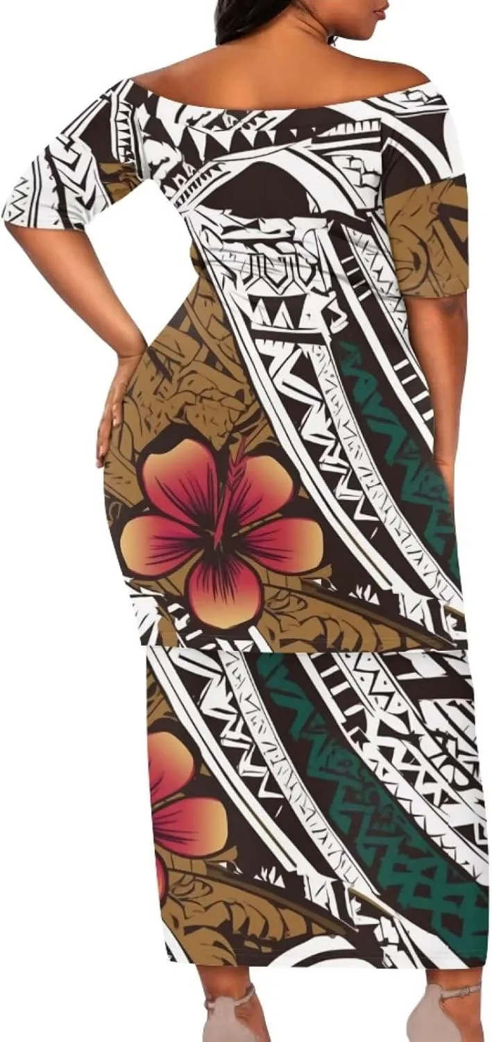 Samoan Tribal Dress for Women Off Shoulder Dresses Skirt Top Set