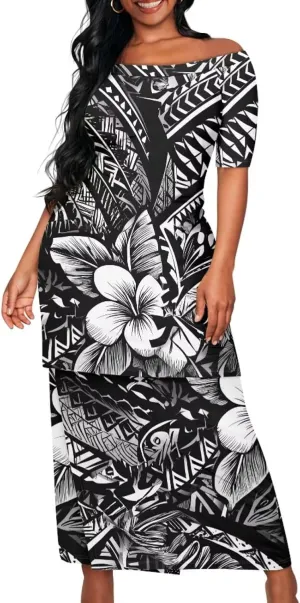 Samoan Tribal Dress for Women Off Shoulder Dresses Skirt Top Set